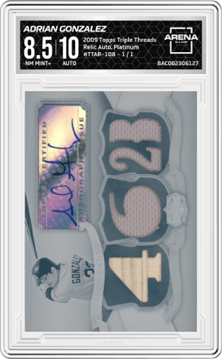 Adrian Gonzalez from the 2009 Topps Triple Threads set featuring a Platinum parallel graded by Arena Club and given an overall grade of 8.5.