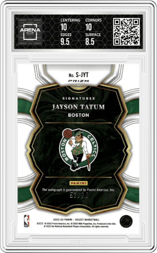 Jayson Tatum from the 2022-23 Panini Select set featuring a Red Prizm parallel graded by Arena Club and given an overall grade of 9.