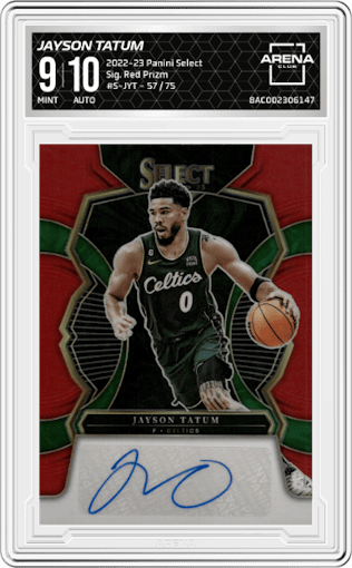 Jayson Tatum from the 2022-23 Panini Select set featuring a Red Prizm parallel graded by Arena Club and given an overall grade of 9.