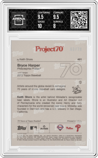 Bryce Harper from the 2021-22 Topps Project70 set featuring a Rainbow Foil parallel graded by Arena Club and given an overall grade of 8.5.