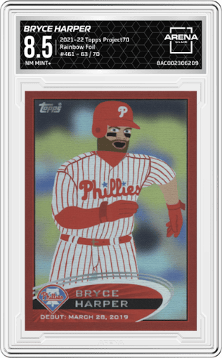 Bryce Harper from the 2021-22 Topps Project70 set featuring a Rainbow Foil parallel graded by Arena Club and given an overall grade of 8.5.