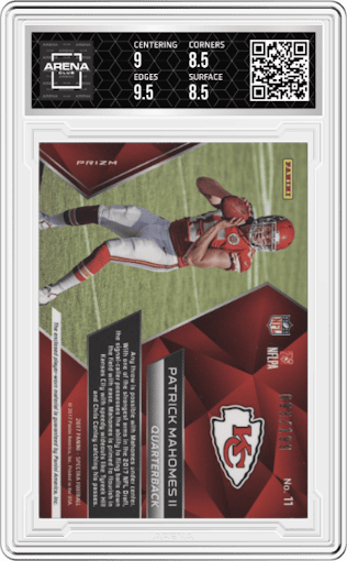 Patrick Mahomes II from the 2017 Panini Spectra set graded by Arena Club and given an overall grade of 9.