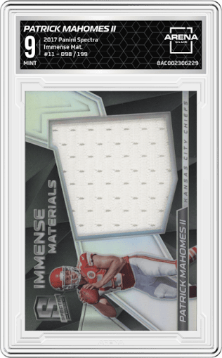 Patrick Mahomes II from the 2017 Panini Spectra set graded by Arena Club and given an overall grade of 9.