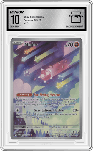 Minior from the 2023 Pokemon SV set graded by Arena Club and given an overall grade of 10.