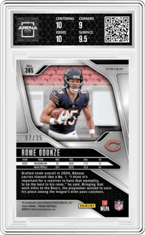 Rome Odunze from the 2024 Panini Prizm set featuring a Red Shimmer parallel graded by Arena Club and given an overall grade of 9.5.