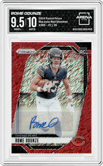 Rome Odunze from the 2024 Panini Prizm set featuring a Red Shimmer parallel graded by Arena Club and given an overall grade of 9.5.