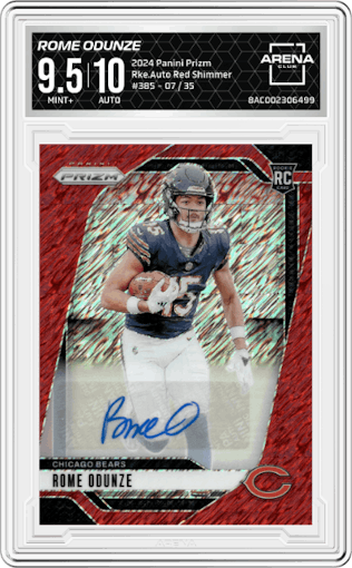 Rome Odunze from the 2024 Panini Prizm set featuring a Red Shimmer parallel graded by Arena Club and given an overall grade of 9.5.