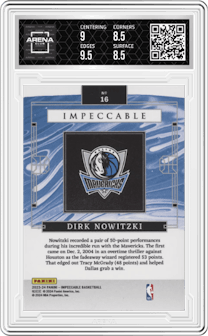Dirk Nowitzki from the 2023-24 Panini Impeccable set graded by Arena Club and given an overall grade of 9.