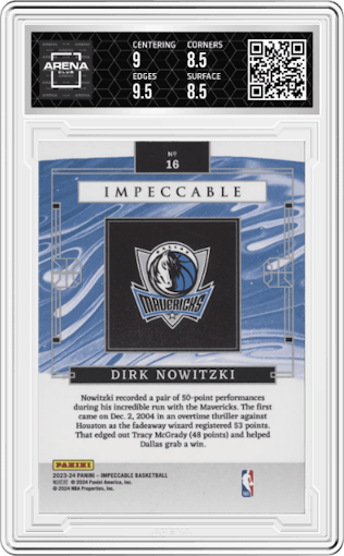 Dirk Nowitzki from the 2023-24 Panini Impeccable set graded by Arena Club and given an overall grade of 9.
