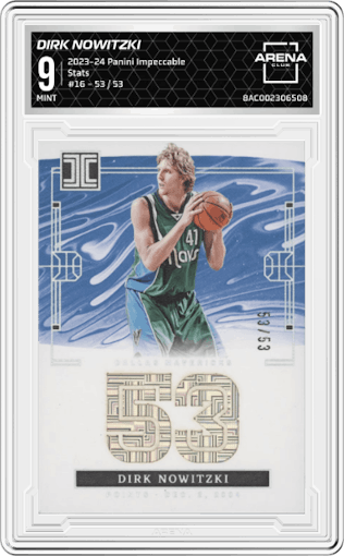 Dirk Nowitzki from the 2023-24 Panini Impeccable set graded by Arena Club and given an overall grade of 9.