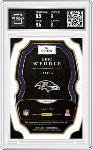 Eric Weddle from the 2017 Panini Select set featuring a Black Prizm parallel graded by Arena Club and given an overall grade of 8.5.