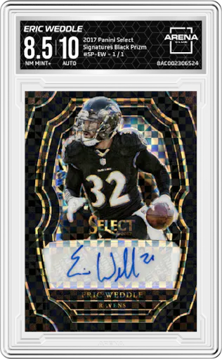 Eric Weddle from the 2017 Panini Select set featuring a Black Prizm parallel graded by Arena Club and given an overall grade of 8.5.