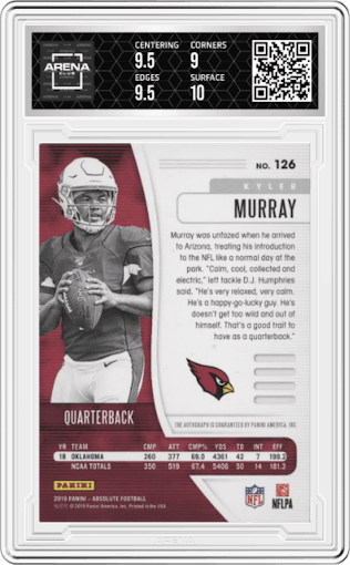 Kyler Murray from the 2019 Panini Absolute set featuring a Spectrum Green parallel graded by Arena Club and given an overall grade of 9.5.