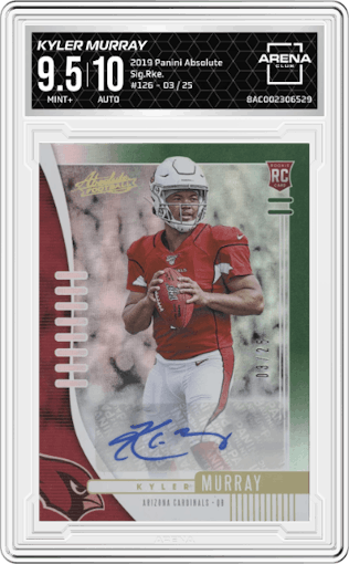Kyler Murray from the 2019 Panini Absolute set featuring a Spectrum Green parallel graded by Arena Club and given an overall grade of 9.5.