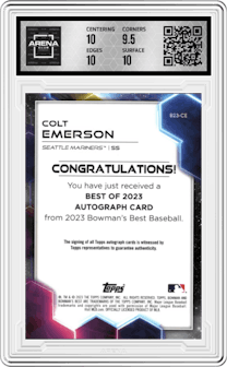 Colt Emerson from the 2023 Bowman's Best set graded by Arena Club and given an overall grade of 10.
