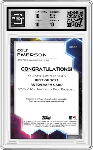 Colt Emerson from the 2023 Bowman's Best set graded by Arena Club and given an overall grade of 10.