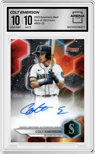 Colt Emerson from the 2023 Bowman's Best set graded by Arena Club and given an overall grade of 10.