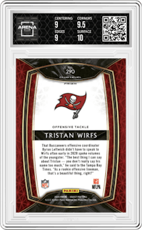 Tristan Wirfs from the 2020 Panini Select set featuring a Cosmic parallel graded by Arena Club and given an overall grade of 9.5.