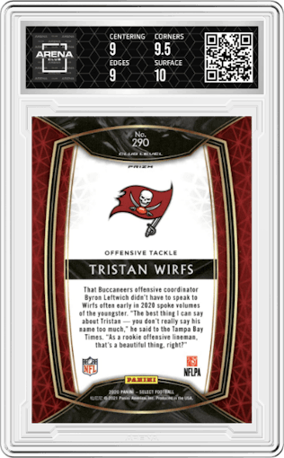 Tristan Wirfs from the 2020 Panini Select set featuring a Cosmic parallel graded by Arena Club and given an overall grade of 9.5.