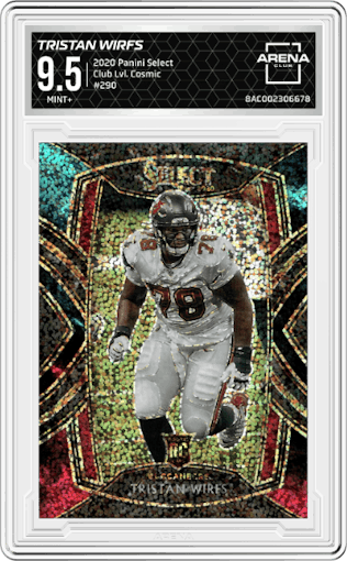 Tristan Wirfs from the 2020 Panini Select set featuring a Cosmic parallel graded by Arena Club and given an overall grade of 9.5.