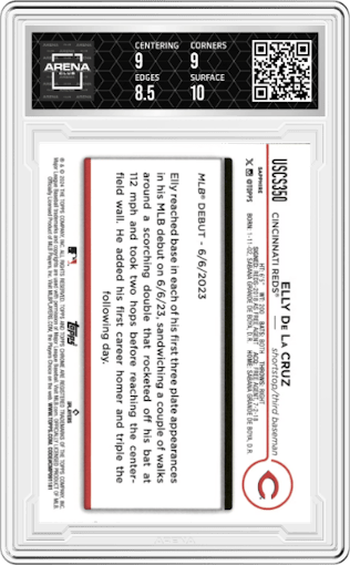 Elly De La Cruz from the 2024 Topps Chrome Update Sapphire Edition set graded by Arena Club and given an overall grade of 9.