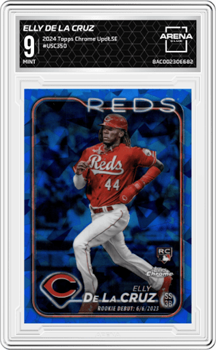 Elly De La Cruz from the 2024 Topps Chrome Update Sapphire Edition set graded by Arena Club and given an overall grade of 9.