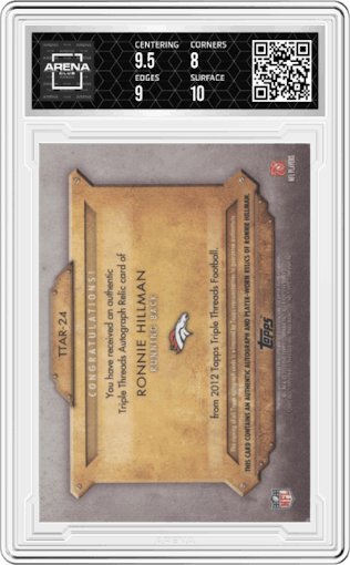 Ronnie Hillman from the 2012 Topps Triple Threads set featuring a Platinum parallel graded by Arena Club and given an overall grade of 8.5.