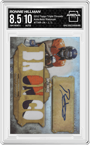 Ronnie Hillman from the 2012 Topps Triple Threads set featuring a Platinum parallel graded by Arena Club and given an overall grade of 8.5.