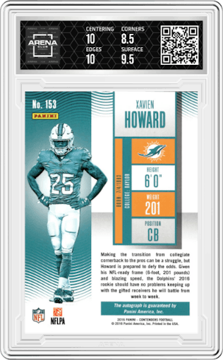 Xavien Howard from the 2016 Panini Contenders set featuring a Cracked Ice parallel graded by Arena Club and given an overall grade of 9.