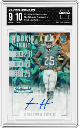 Xavien Howard from the 2016 Panini Contenders set featuring a Cracked Ice parallel graded by Arena Club and given an overall grade of 9.
