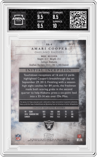 Amari Cooper from the 2015 Topps Inception set featuring a Orange  parallel graded by Arena Club and given an overall grade of 9.