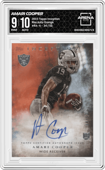 Amari Cooper from the 2015 Topps Inception set featuring a Orange  parallel graded by Arena Club and given an overall grade of 9.
