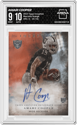 Amari Cooper from the 2015 Topps Inception set featuring a Orange  parallel graded by Arena Club and given an overall grade of 9.