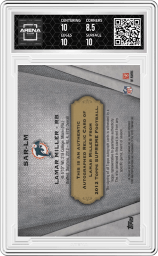 Lamar Miller from the 2012 Topps Supreme set featuring a Red parallel graded by Arena Club and given an overall grade of 9.