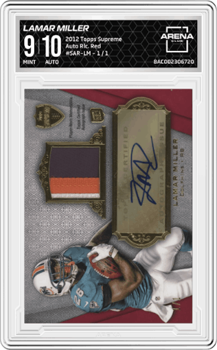 Lamar Miller from the 2012 Topps Supreme set featuring a Red parallel graded by Arena Club and given an overall grade of 9.
