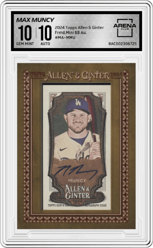 Max Muncy from the 2024 Topps Allen & Ginter set graded by Arena Club and given an overall grade of 10.