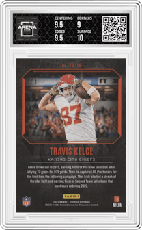 Travis Kelce from the 2023 Panini Phoenix set featuring a White Shimmer parallel graded by Arena Club and given an overall grade of 9.5.