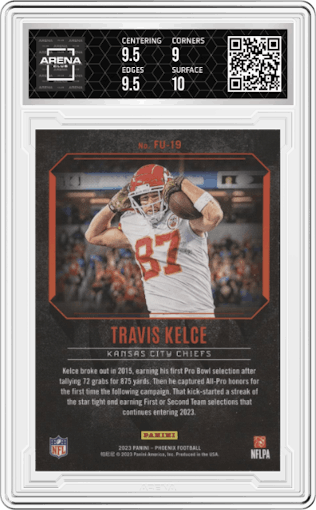 Travis Kelce from the 2023 Panini Phoenix set featuring a White Shimmer parallel graded by Arena Club and given an overall grade of 9.5.