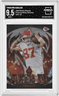Travis Kelce from the 2023 Panini Phoenix set featuring a White Shimmer parallel graded by Arena Club and given an overall grade of 9.5.