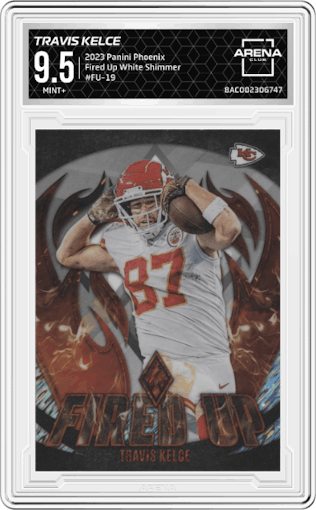 Travis Kelce from the 2023 Panini Phoenix set featuring a White Shimmer parallel graded by Arena Club and given an overall grade of 9.5.