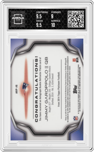 Jimmy Garoppolo from the 2014 Topps Platinum set featuring a Green Refractor parallel graded by Arena Club and given an overall grade of 9.5.
