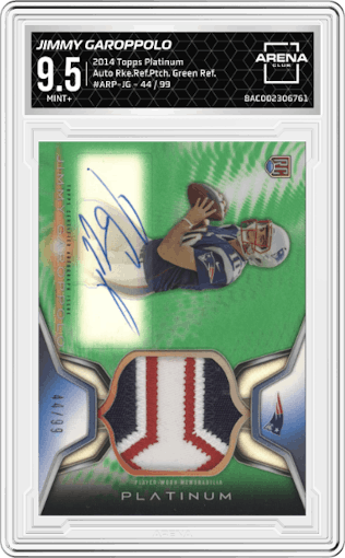 Jimmy Garoppolo from the 2014 Topps Platinum set featuring a Green Refractor parallel graded by Arena Club and given an overall grade of 9.5.