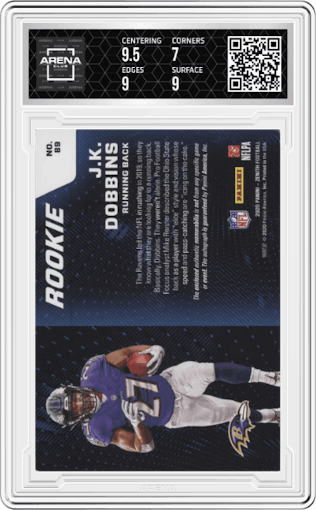 J.K. Dobbins from the 2020 Panini Zenith set graded by Arena Club and given an overall grade of 7.5.