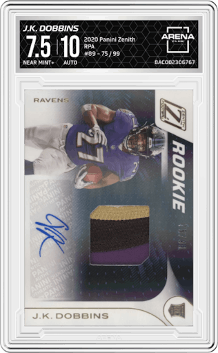 J.K. Dobbins from the 2020 Panini Zenith set graded by Arena Club and given an overall grade of 7.5.