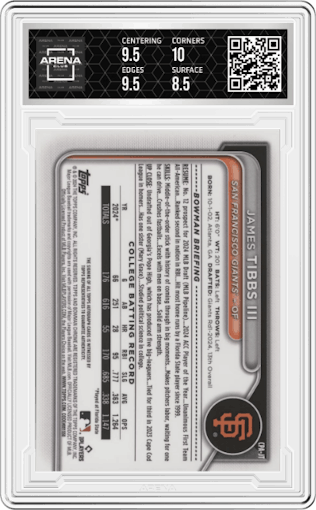 James Tibbs III from the 2024 Bowman Draft set graded by Arena Club and given an overall grade of 9.