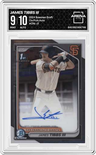 James Tibbs III from the 2024 Bowman Draft set graded by Arena Club and given an overall grade of 9.