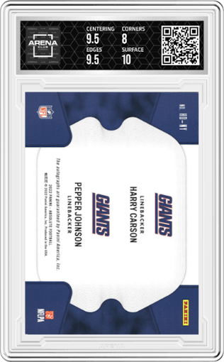 Harry Carson/Pepper Johnson from the 2022 Panini Absolute set graded by Arena Club and given an overall grade of 8.5.
