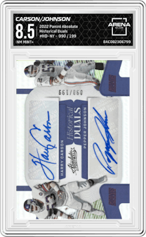 Harry Carson/Pepper Johnson from the 2022 Panini Absolute set graded by Arena Club and given an overall grade of 8.5.