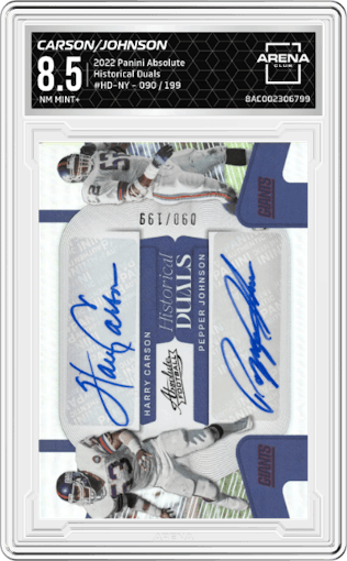 Harry Carson/Pepper Johnson from the 2022 Panini Absolute set graded by Arena Club and given an overall grade of 8.5.
