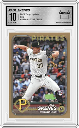 Paul Skenes from the 2024 Topps Update set featuring a Gold parallel graded by Arena Club and given an overall grade of 10.